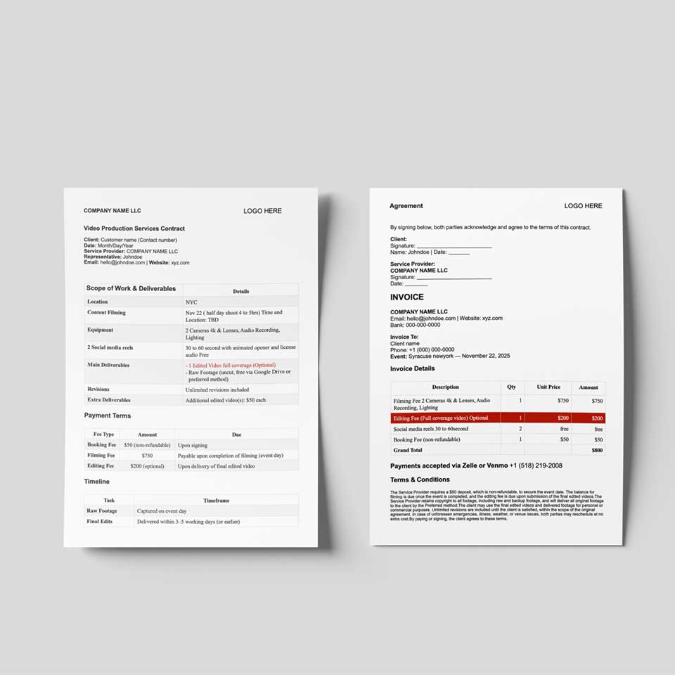 Video Production Service Agreement – Word, Pages & PDF