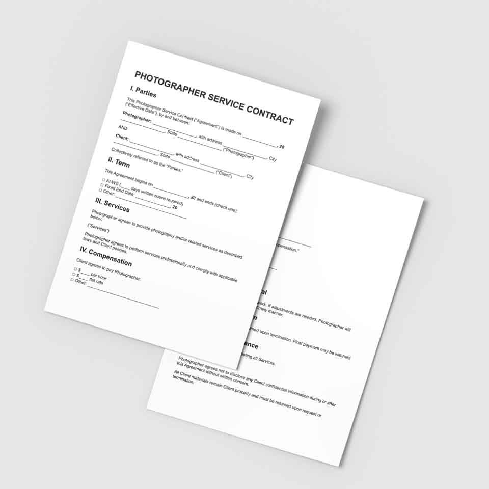 Photography Service Contract – Word, Pages & PDF